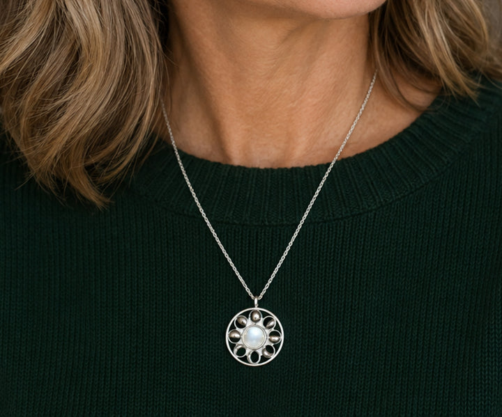Pewter Phases of the Moon Pendant With Mother of Pearl